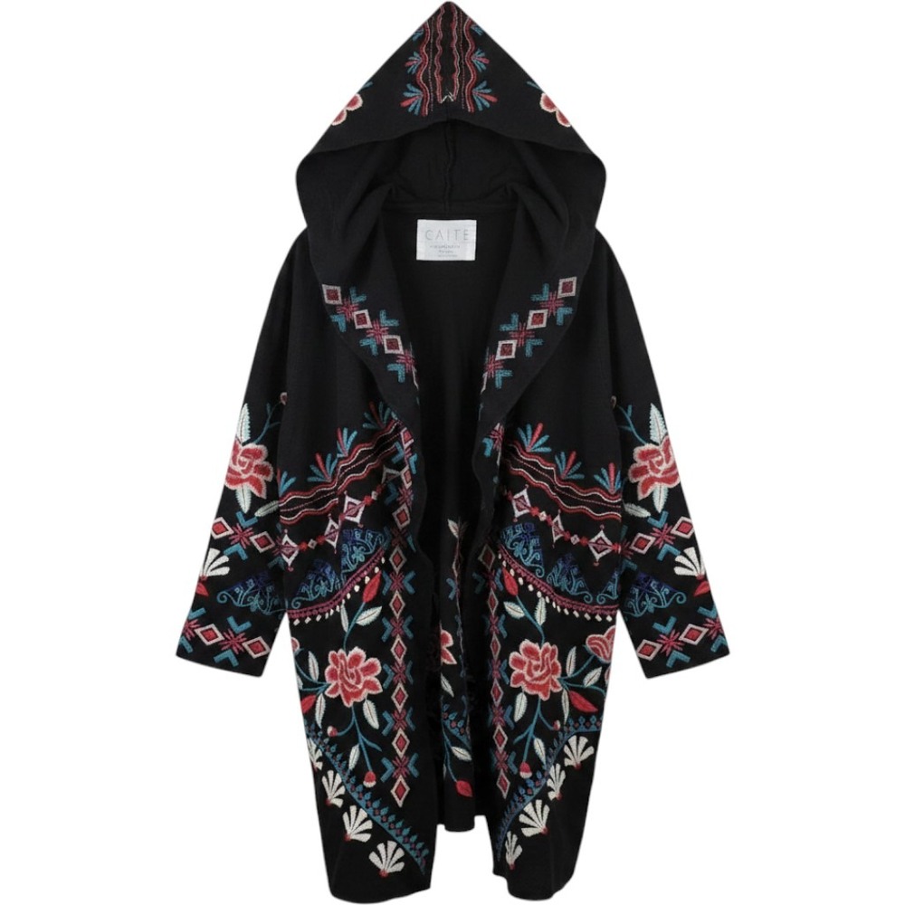 Caite Embroidered Cardigan Jacket Sz XS Black Floral Hooded Hand Made Duster